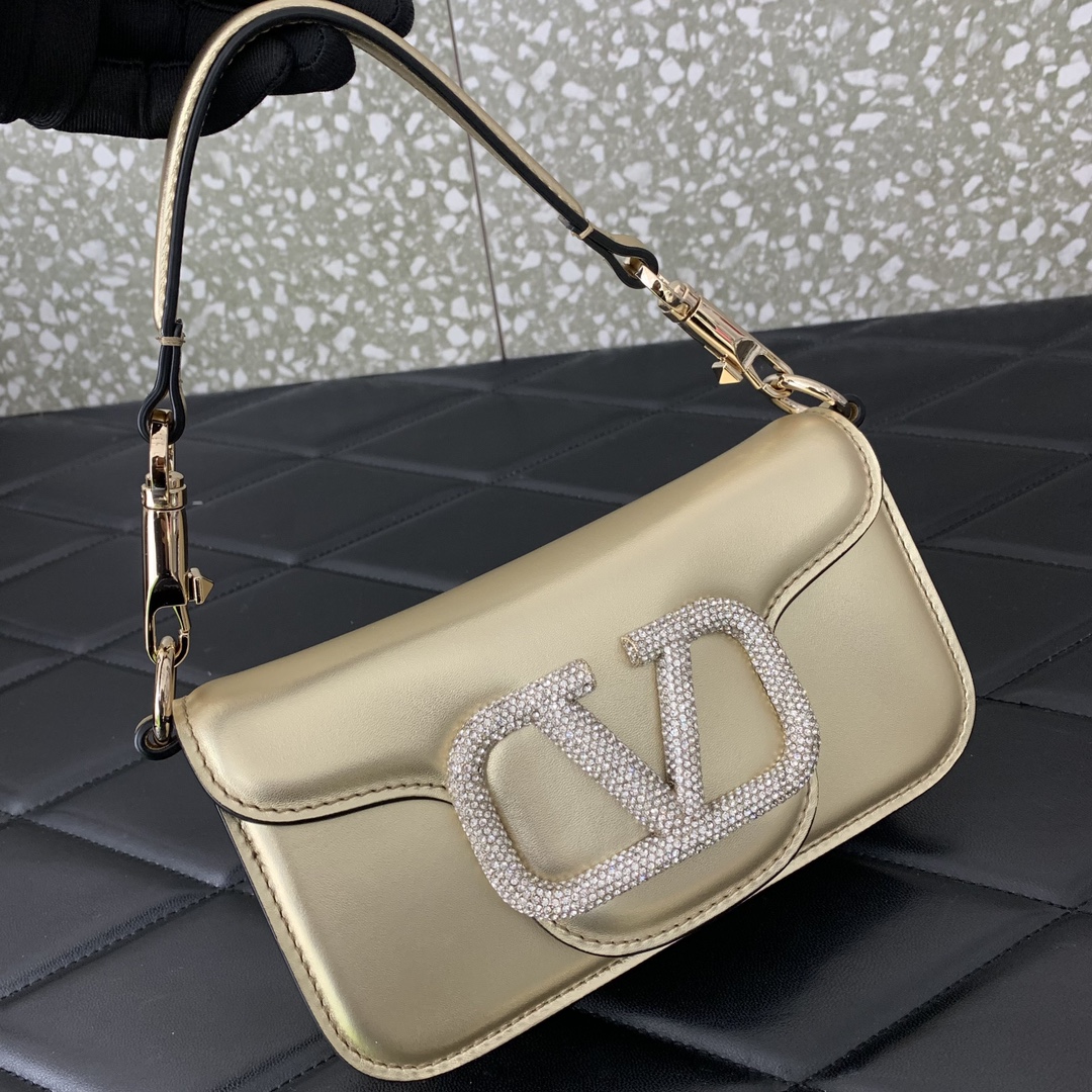 Valentino Garavani Loco Small Shoulder Bag in Gold Calfskin Leather 